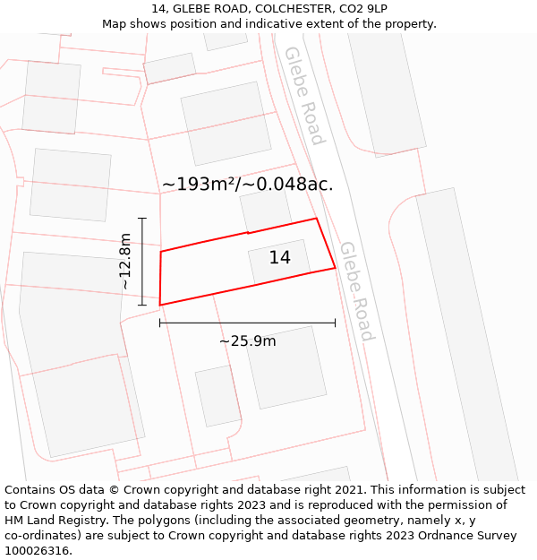14, GLEBE ROAD, COLCHESTER, CO2 9LP: Plot and title map