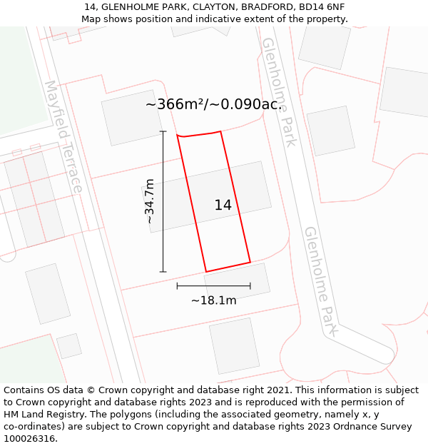 14, GLENHOLME PARK, CLAYTON, BRADFORD, BD14 6NF: Plot and title map