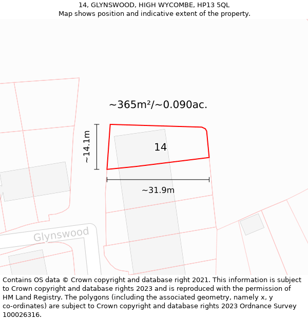 14, GLYNSWOOD, HIGH WYCOMBE, HP13 5QL: Plot and title map