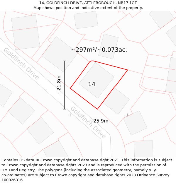 14, GOLDFINCH DRIVE, ATTLEBOROUGH, NR17 1GT: Plot and title map