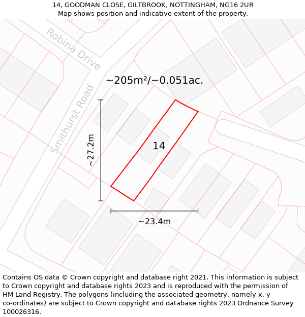 14, GOODMAN CLOSE, GILTBROOK, NOTTINGHAM, NG16 2UR: Plot and title map