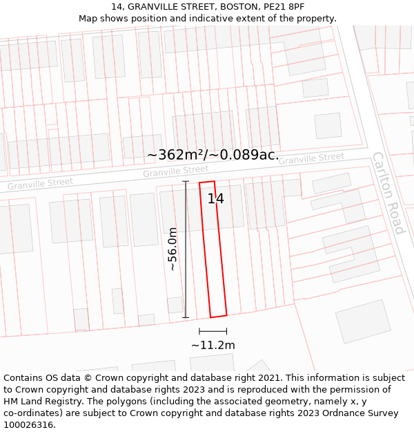 14, GRANVILLE STREET, BOSTON, PE21 8PF: Plot and title map