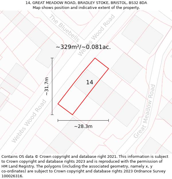 14, GREAT MEADOW ROAD, BRADLEY STOKE, BRISTOL, BS32 8DA: Plot and title map