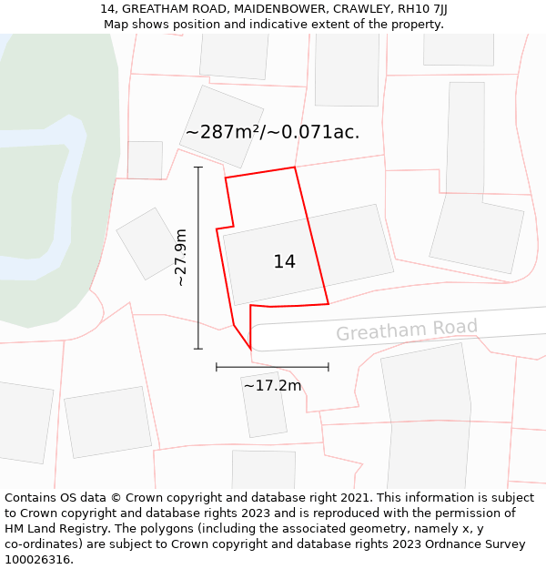 14, GREATHAM ROAD, MAIDENBOWER, CRAWLEY, RH10 7JJ: Plot and title map