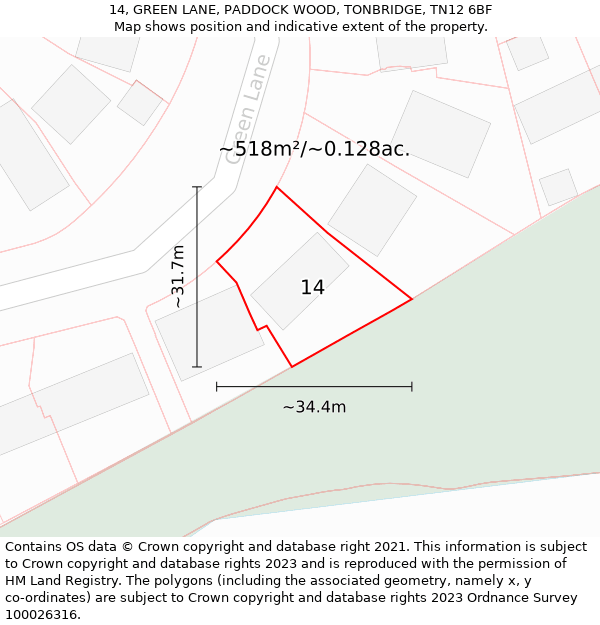 14, GREEN LANE, PADDOCK WOOD, TONBRIDGE, TN12 6BF: Plot and title map