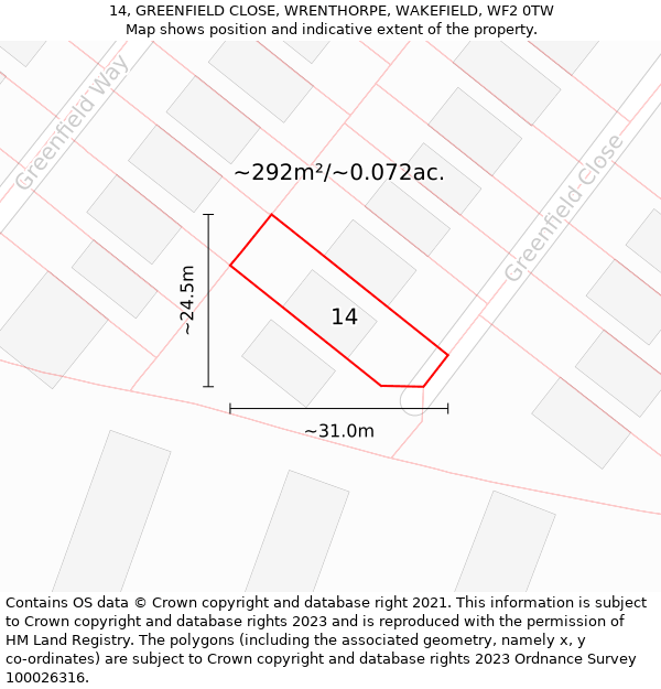 14, GREENFIELD CLOSE, WRENTHORPE, WAKEFIELD, WF2 0TW: Plot and title map