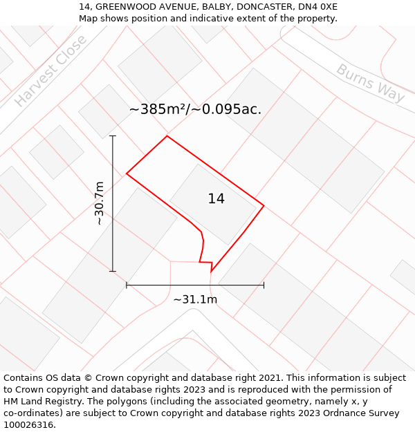 14, GREENWOOD AVENUE, BALBY, DONCASTER, DN4 0XE: Plot and title map