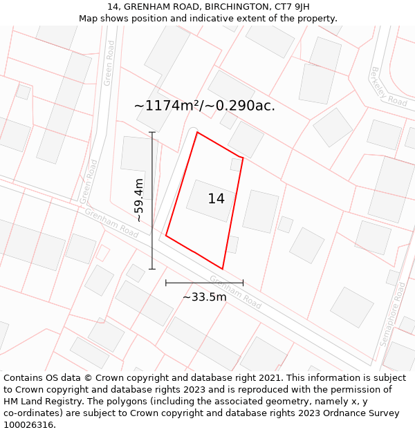 14, GRENHAM ROAD, BIRCHINGTON, CT7 9JH: Plot and title map