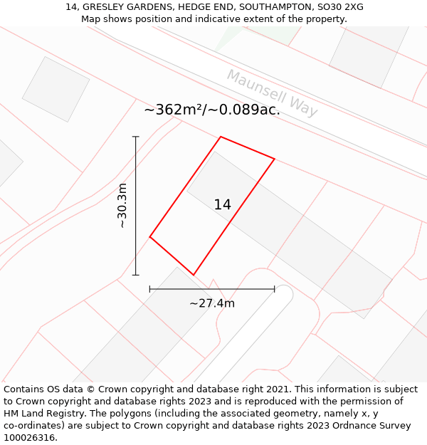 14, GRESLEY GARDENS, HEDGE END, SOUTHAMPTON, SO30 2XG: Plot and title map