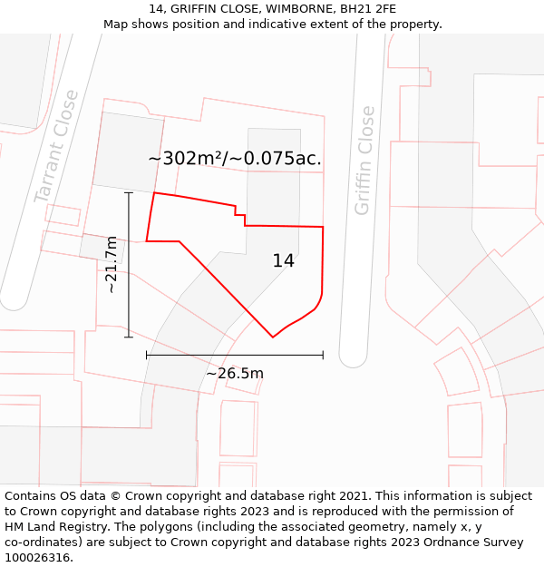 14, GRIFFIN CLOSE, WIMBORNE, BH21 2FE: Plot and title map