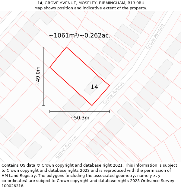 14, GROVE AVENUE, MOSELEY, BIRMINGHAM, B13 9RU: Plot and title map