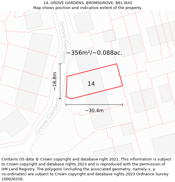 14, GROVE GARDENS, BROMSGROVE, B61 0UG: Plot and title map