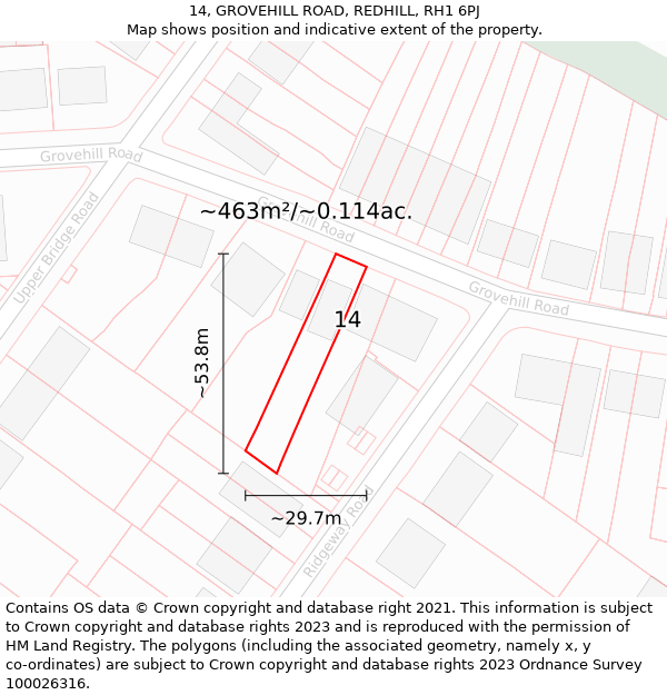 14, GROVEHILL ROAD, REDHILL, RH1 6PJ: Plot and title map