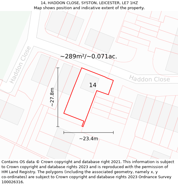 14, HADDON CLOSE, SYSTON, LEICESTER, LE7 1HZ: Plot and title map