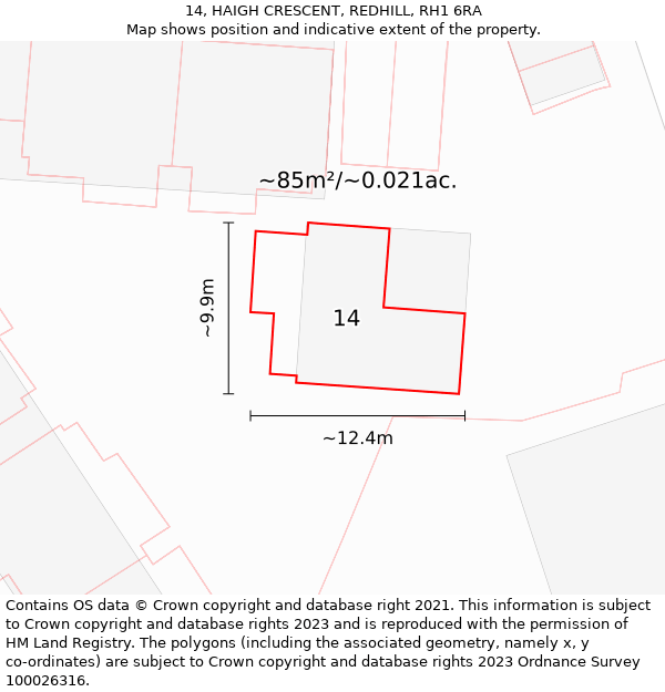 14, HAIGH CRESCENT, REDHILL, RH1 6RA: Plot and title map