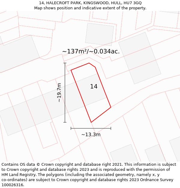 14, HALECROFT PARK, KINGSWOOD, HULL, HU7 3GQ: Plot and title map