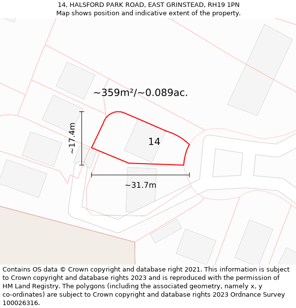 14, HALSFORD PARK ROAD, EAST GRINSTEAD, RH19 1PN: Plot and title map