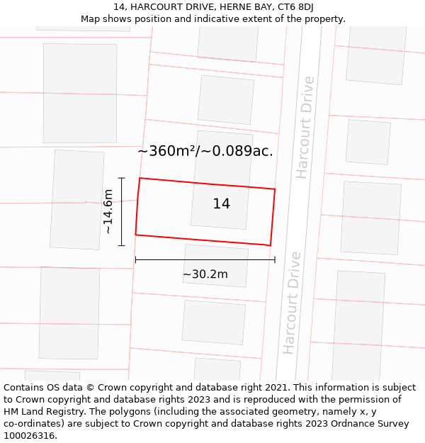 14, HARCOURT DRIVE, HERNE BAY, CT6 8DJ: Plot and title map