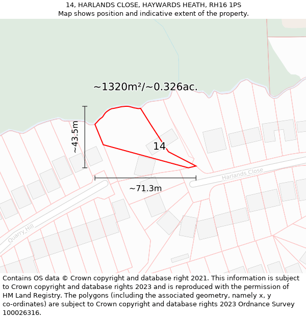 14, HARLANDS CLOSE, HAYWARDS HEATH, RH16 1PS: Plot and title map