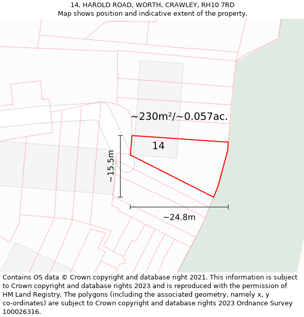 14, HAROLD ROAD, WORTH, CRAWLEY, RH10 7RD: Plot and title map