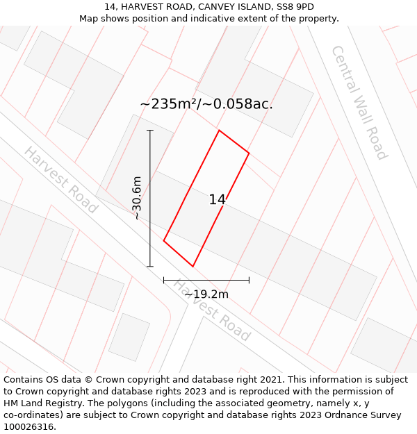 14, HARVEST ROAD, CANVEY ISLAND, SS8 9PD: Plot and title map