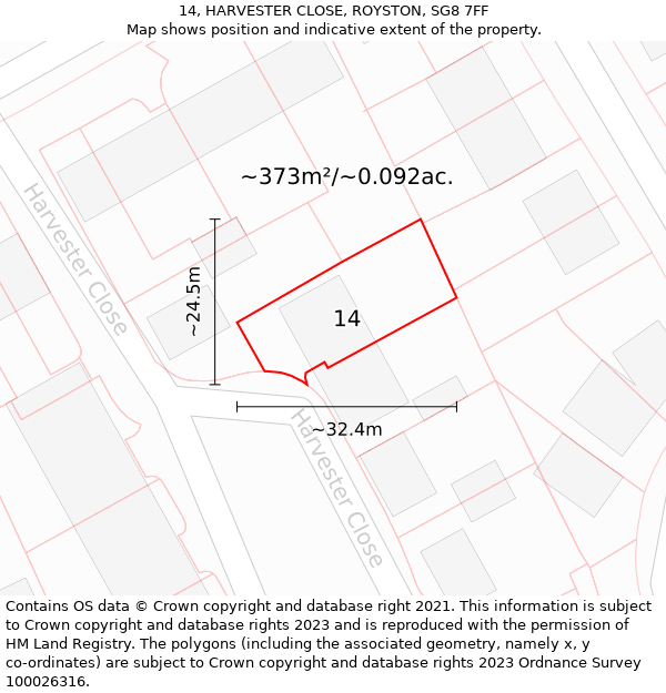 14, HARVESTER CLOSE, ROYSTON, SG8 7FF: Plot and title map