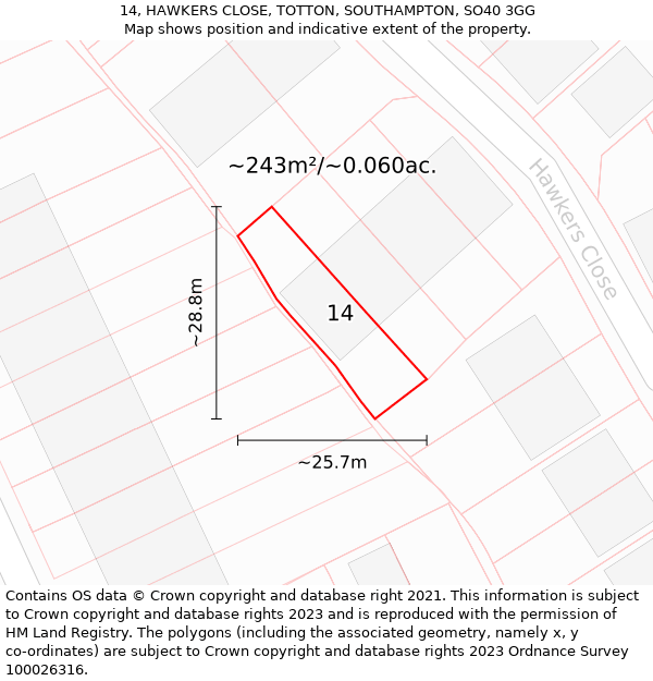 14, HAWKERS CLOSE, TOTTON, SOUTHAMPTON, SO40 3GG: Plot and title map