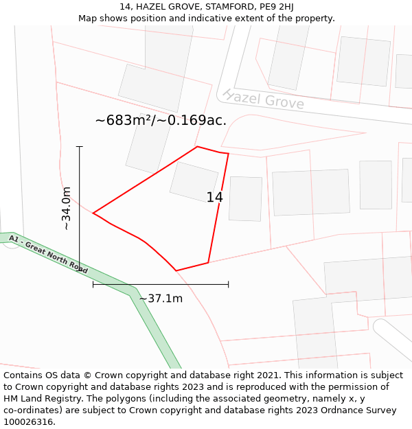 14, HAZEL GROVE, STAMFORD, PE9 2HJ: Plot and title map