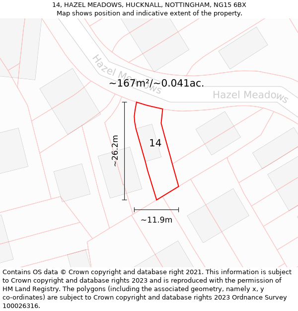 14, HAZEL MEADOWS, HUCKNALL, NOTTINGHAM, NG15 6BX: Plot and title map