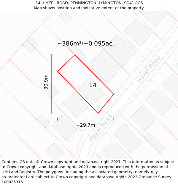 14, HAZEL ROAD, PENNINGTON, LYMINGTON, SO41 8GS: Plot and title map