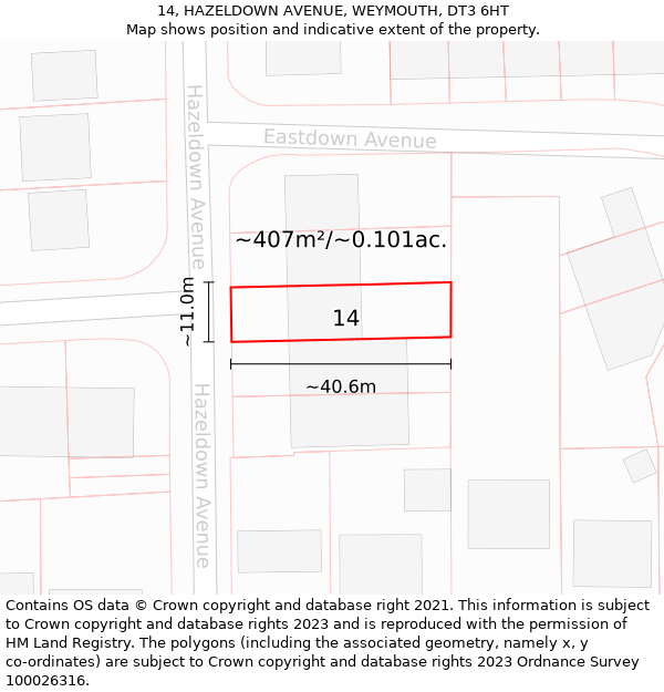 14, HAZELDOWN AVENUE, WEYMOUTH, DT3 6HT: Plot and title map