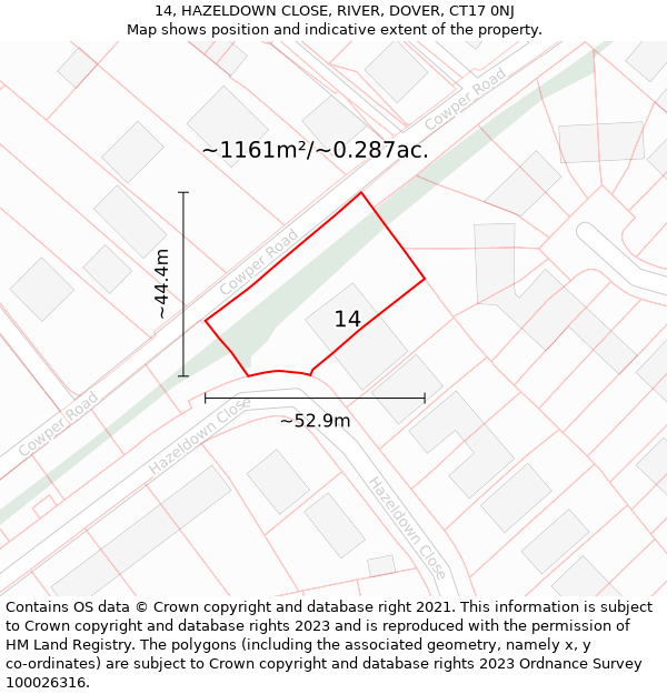 14, HAZELDOWN CLOSE, RIVER, DOVER, CT17 0NJ: Plot and title map