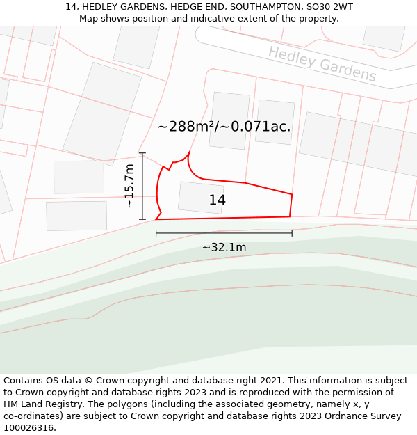 14, HEDLEY GARDENS, HEDGE END, SOUTHAMPTON, SO30 2WT: Plot and title map