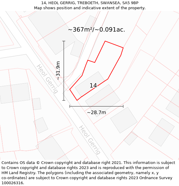 14, HEOL GERRIG, TREBOETH, SWANSEA, SA5 9BP: Plot and title map