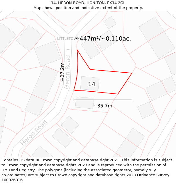 14, HERON ROAD, HONITON, EX14 2GL: Plot and title map