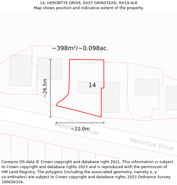 14, HERONTYE DRIVE, EAST GRINSTEAD, RH19 4LR: Plot and title map