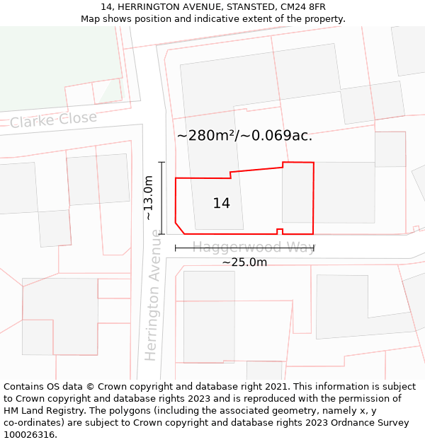 14, HERRINGTON AVENUE, STANSTED, CM24 8FR: Plot and title map