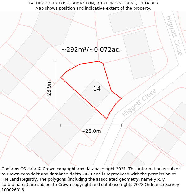 14, HIGGOTT CLOSE, BRANSTON, BURTON-ON-TRENT, DE14 3EB: Plot and title map