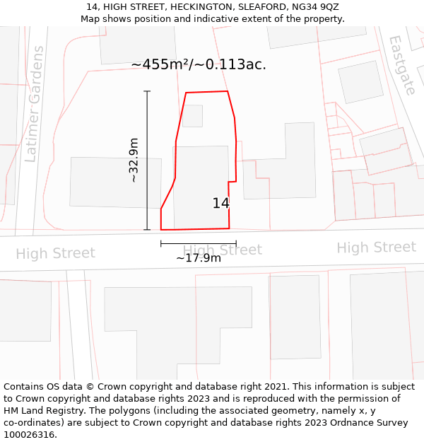 14, HIGH STREET, HECKINGTON, SLEAFORD, NG34 9QZ: Plot and title map