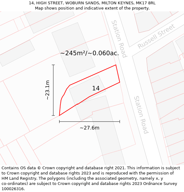 14, HIGH STREET, WOBURN SANDS, MILTON KEYNES, MK17 8RL: Plot and title map