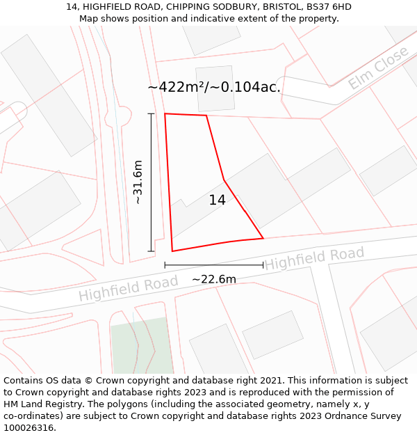 14, HIGHFIELD ROAD, CHIPPING SODBURY, BRISTOL, BS37 6HD: Plot and title map