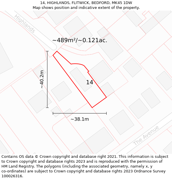 14, HIGHLANDS, FLITWICK, BEDFORD, MK45 1DW: Plot and title map