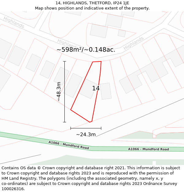 14, HIGHLANDS, THETFORD, IP24 1JE: Plot and title map