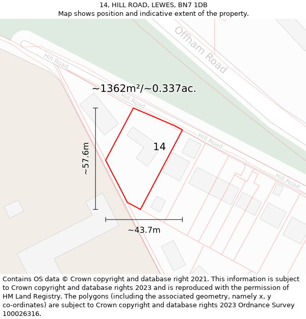 14, HILL ROAD, LEWES, BN7 1DB: Plot and title map