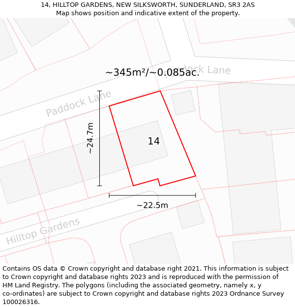 14, HILLTOP GARDENS, NEW SILKSWORTH, SUNDERLAND, SR3 2AS: Plot and title map