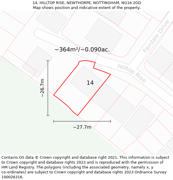 14, HILLTOP RISE, NEWTHORPE, NOTTINGHAM, NG16 2GD: Plot and title map