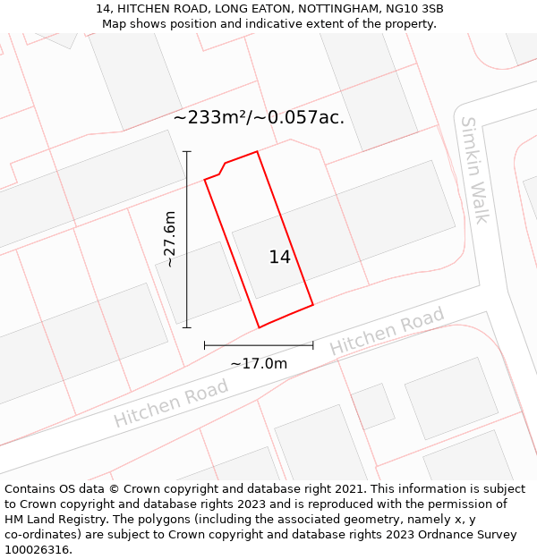 14, HITCHEN ROAD, LONG EATON, NOTTINGHAM, NG10 3SB: Plot and title map