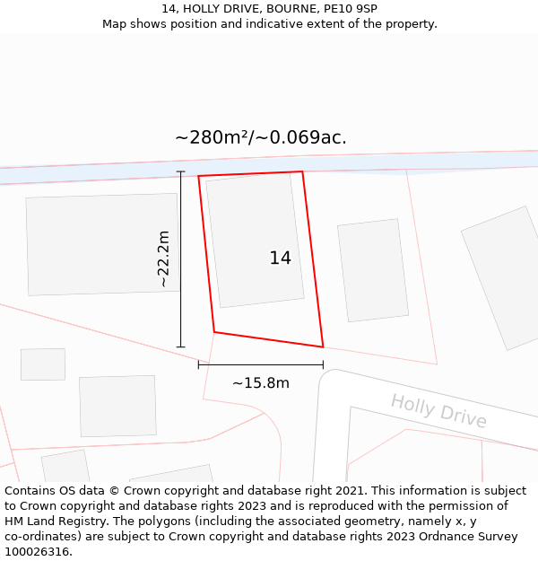 14, HOLLY DRIVE, BOURNE, PE10 9SP: Plot and title map