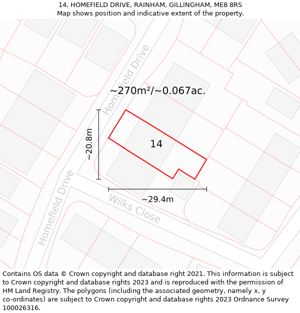 14, HOMEFIELD DRIVE, RAINHAM, GILLINGHAM, ME8 8RS: Plot and title map