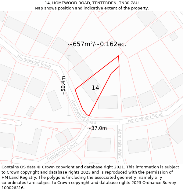 14, HOMEWOOD ROAD, TENTERDEN, TN30 7AU: Plot and title map